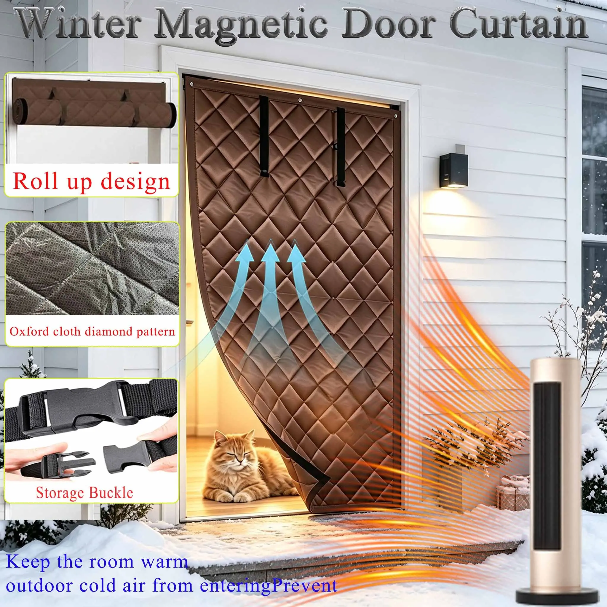 Magnetic Thermal Insulated Door Curtain, Roll Up Design, Thick Quilted Oxford Cloth, Windproof, Energy Saving, Winter Heat Retention
