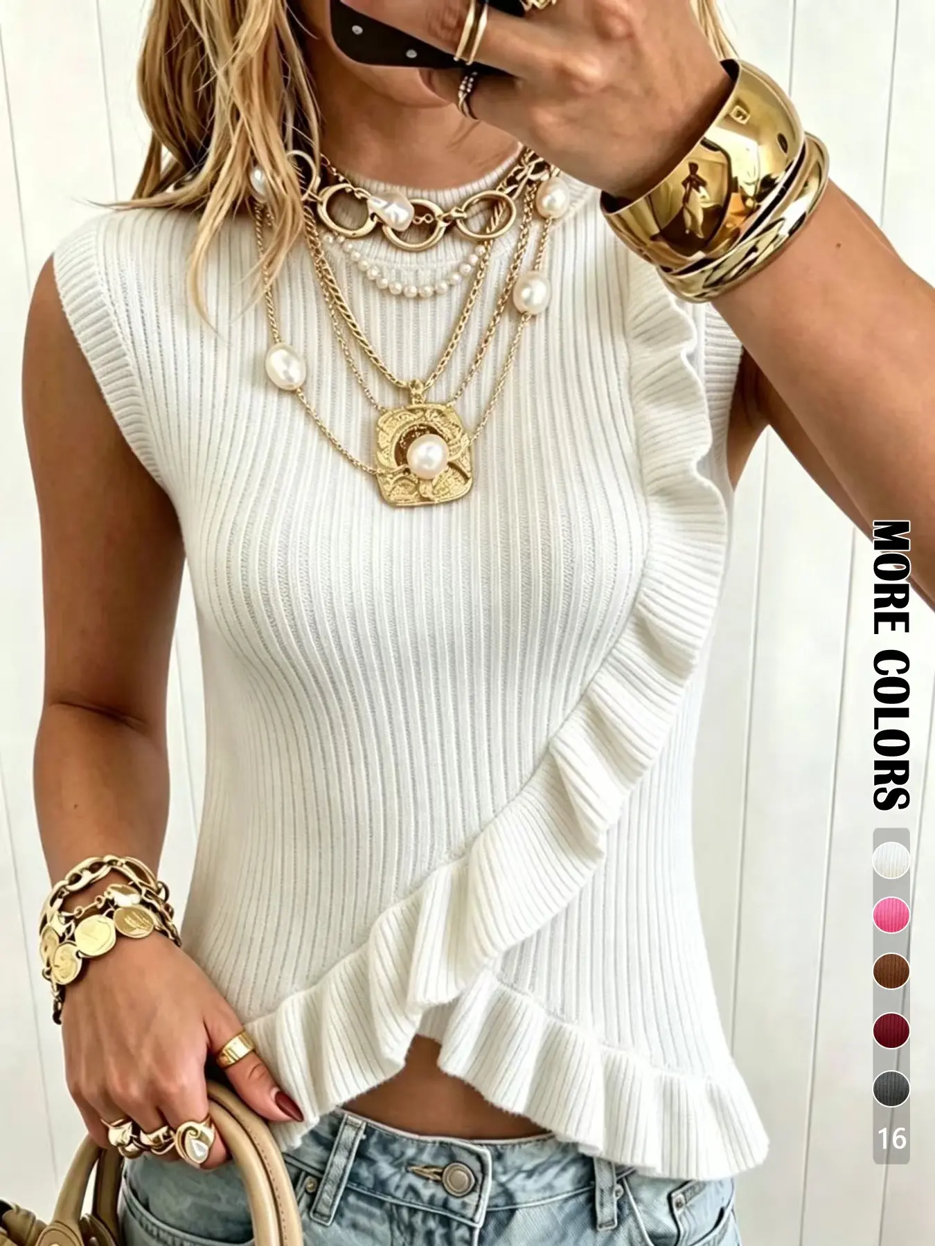 Autumn Leaf Edge Pleated Design Pure Color Sleeveless Jacket Pullover, Simple Elegant Style, Casual Versatile Slimming Knit Top for Women