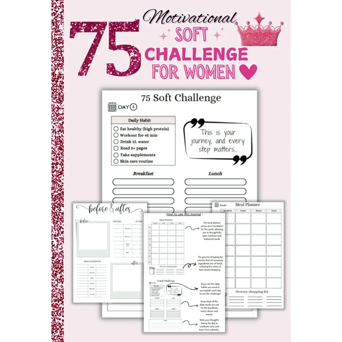 Women's Soft Motivational Paperback Journal - 75-Day Plan, Daily Entries, Progress Tracker, Meal Planner, Rest Day Tracker, Mandala Pages