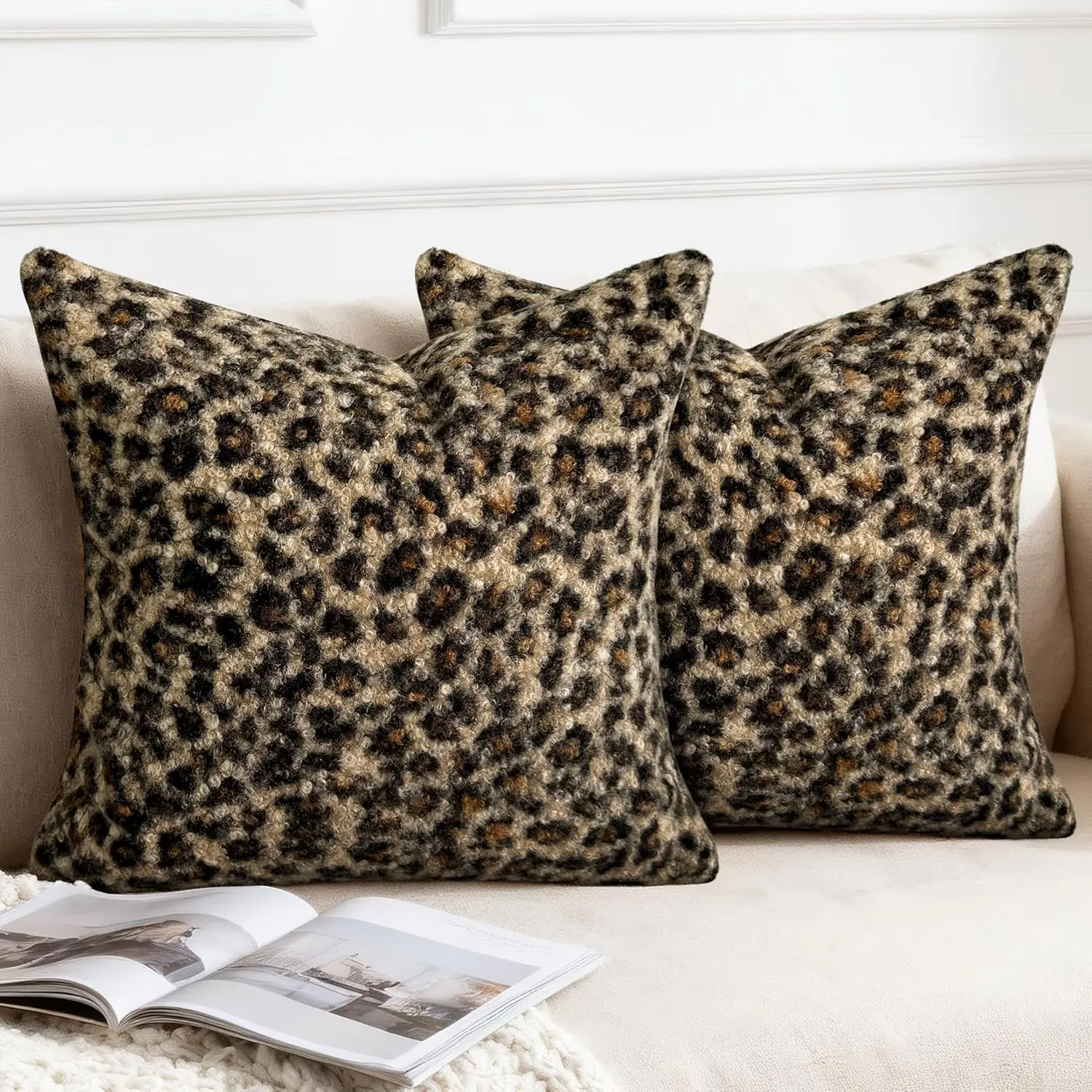 -Sided Brown Leopard Pillow Covers 18x18 Inch Set of 2, Textured Boucle Throw Pillow Covers, Cushion Covers for Couch Sofa Bed Living Room Home Decor