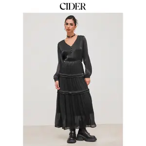 Cider [size 0-10] Woven V-neck Button Tiered Long Sleeve Maxi Dress Dealsforyou