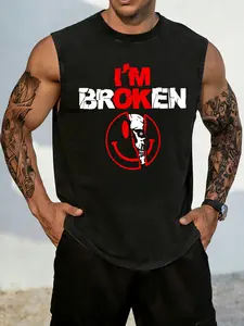 Sarcastic 'I'm Broken' Graphic Tank Top for Men,Sleeveless Tee with Tactical Humor, Retro Washed Muscle Shirt, Funny Statement Top for Edgy Streetwear