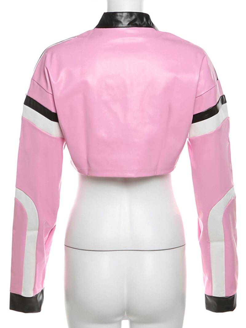 Women's Patchwork Number Embroidery Zip Up Crop Jacket, Street Fashion Drop Shoulder Long Sleeve Stand Collar Outerwear for Daily Outdoor Wear, Ladies Clothes for Fall & Winter