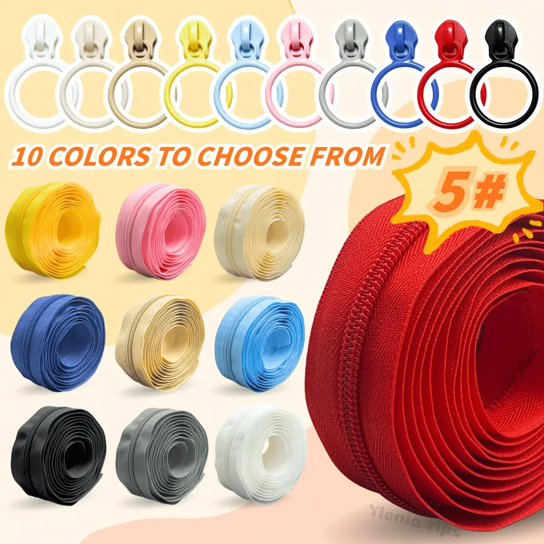 #5 Nylon Zipper Tape, 2 Yards (183cm), Bulk Zipper Roll Set with 5pcs Large Ring Zipper Pulls; 10 Vibrant Colors, Durable Nylon Zipper Tape Kit for Handmade Bags
