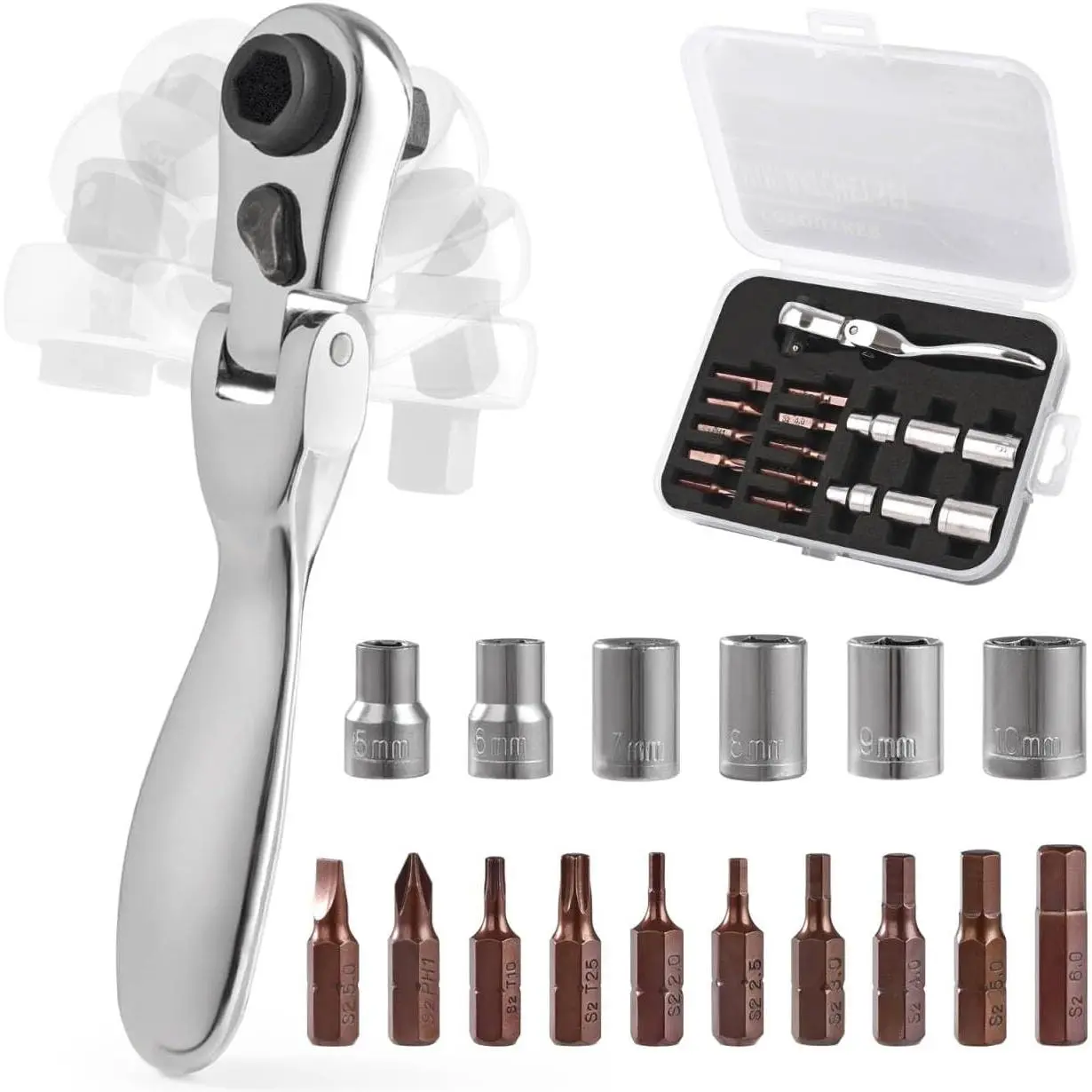 Mini ratchet  Set, Right Angle  set with 1/4 Mini Flex Ratchet Wrench and Bits Sockets for Tight Spaces(Ratchet wrench with bits and socket)