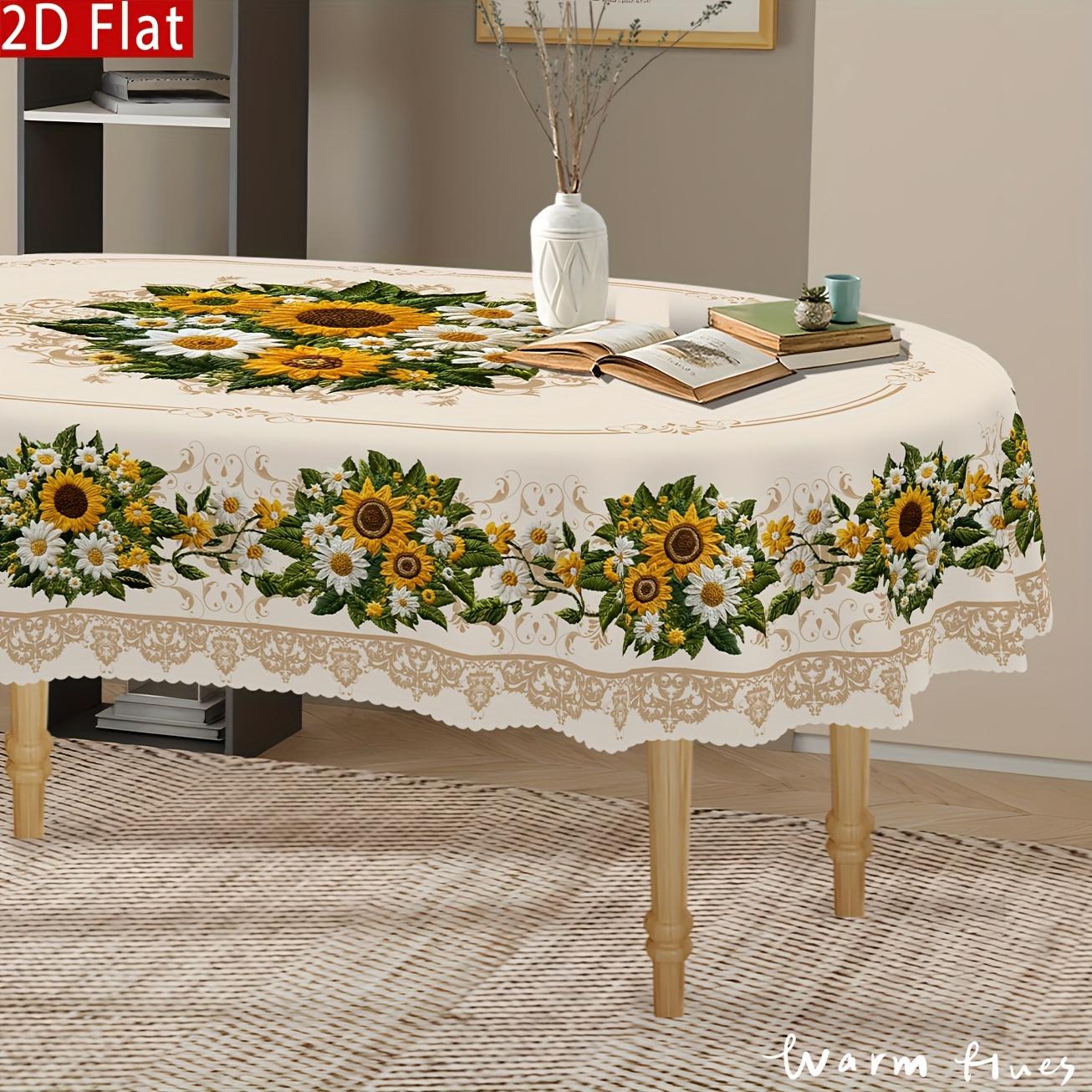 1pc Vintage Sunflower & Daisy Tablecloth - Non-Embroidered European Floral Design, Durable Polyester Rectangular Table Cover for Round/Oval Tables, Kitchen Dining Room Patio Picnic Decor, Easy-Clean Vintage Home Decor, Machinemade Textile, Sunflower Kitch