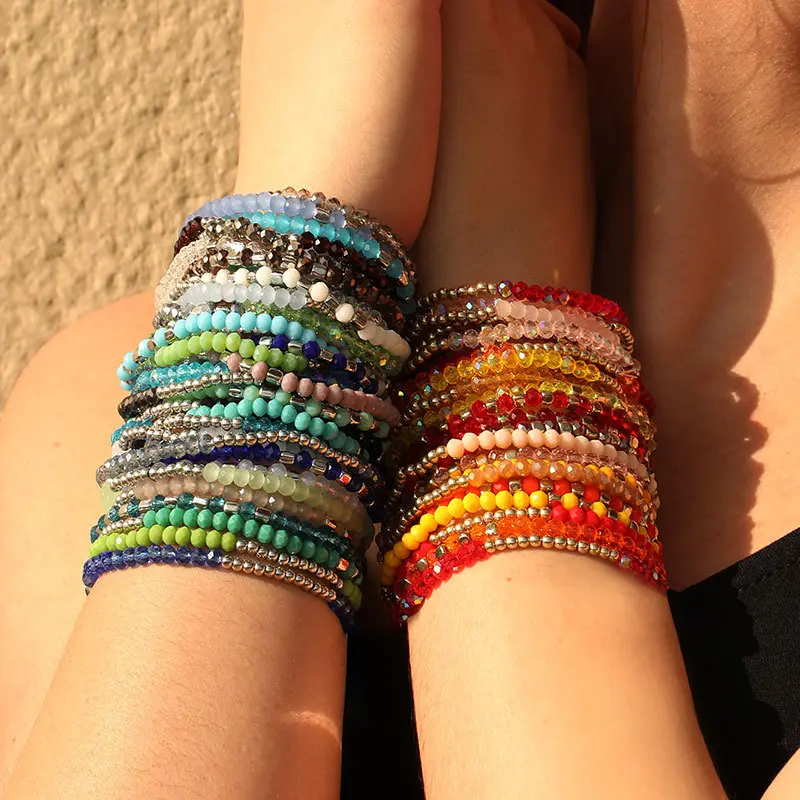 60 Pcs Bohemian Bracelet Set for Women, Colorful Beaded Stretch Bracelets with Crystal Accents, Stackable Layers Jewelry Gifts
