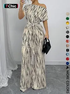 Women's All Over Print Tie Front   Jumpsuit, Casual Asymmetrical Neck   Jumpsuit for Spring & Fall, Women's Clothes for Daily Wear