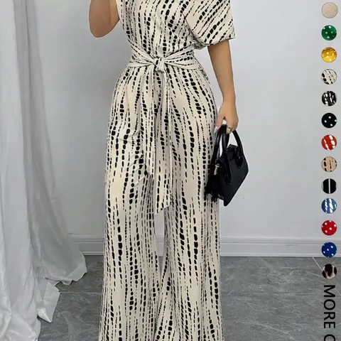 Women's One‑Piece Jumpsuit, Off‑Shoulder Short Sleeve Leopard Design, Waist Tie Belt, Wide Leg Trousers, Chic Relaxed Outfit for Date Night and Everyday Going Out Occasions