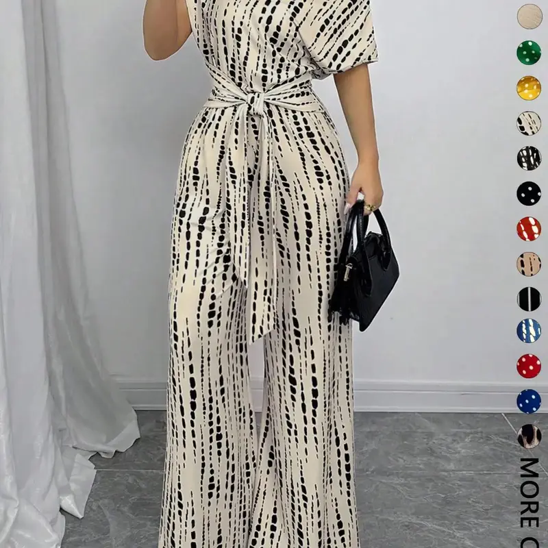 Women's One‑Piece Jumpsuit, Off‑Shoulder Short Sleeve Leopard Design, Waist Tie Belt, Wide Leg Trousers, Chic Relaxed Outfit for Date Night and Everyday Going Out Occasions