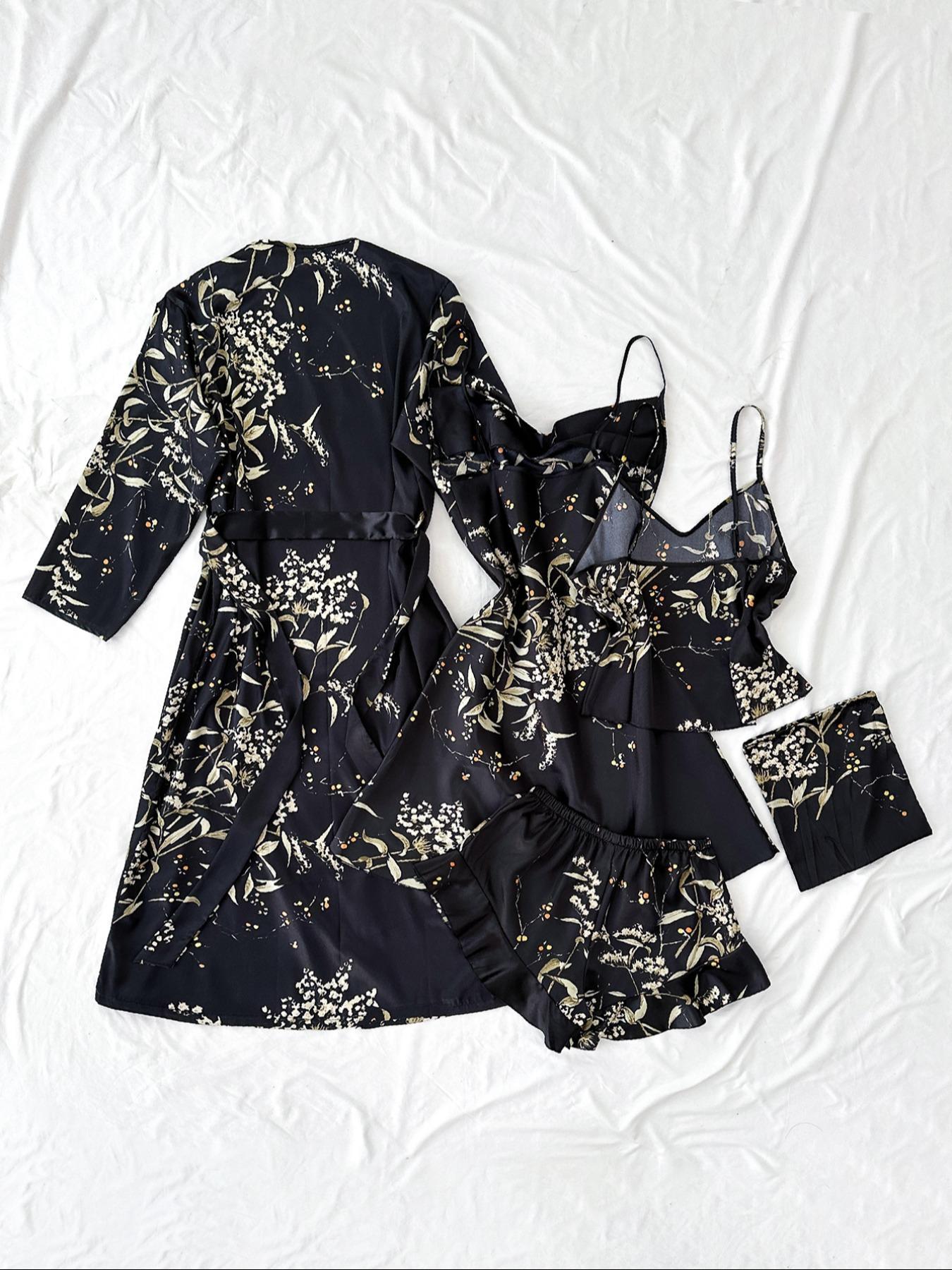 Women's Plant Print Satin Pajama Set with Belted Robe, Cowl Neck Cami Nightdress, Backless Cami Top, Elastic Waist Shorts & Storage Bag, Casual Comfortable Women's Sleepwear