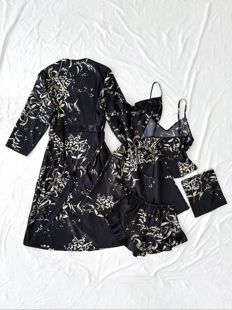 Women's Plant Print Satin Pajama Set with Belted Robe, Cowl Neck Cami Nightdress, Backless Cami Top, Elastic Waist Shorts & Storage Bag, Casual Comfortable Women's Sleepwear