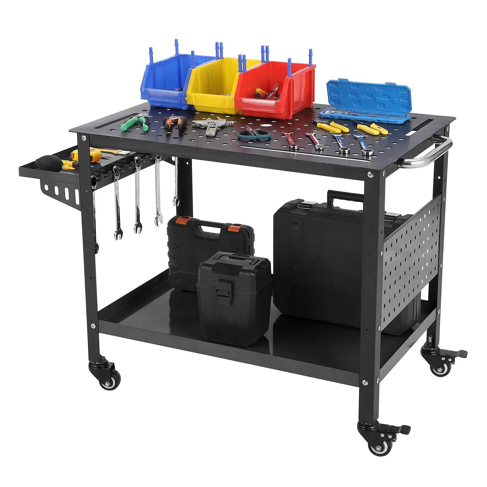 Heavy Duty 36"x24" Portable Steel Rolling Workbench, Max 2000 LBS Load Capacity with 5/8" Fixture Holes & Slots, Double Storage Layer, Pegboard, Tool Tray & Hooks, Mobile Workshop Garage Work Table