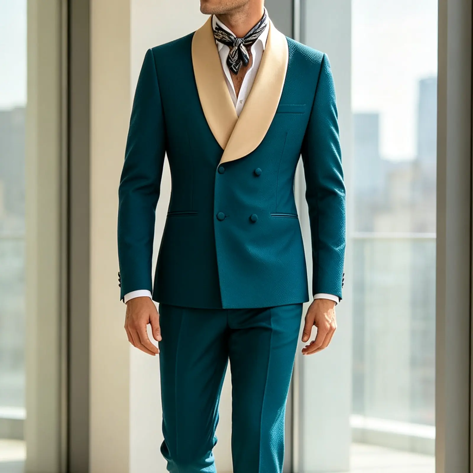 Men's Blue 2-Piece Waffle Textured Suit, Classic Double-Breasted Tuxedo with Shawl Lapel, Formal Menswear for Prom & Wedding, Smooth, Long Sleeve, Plain, Pockets, Grid