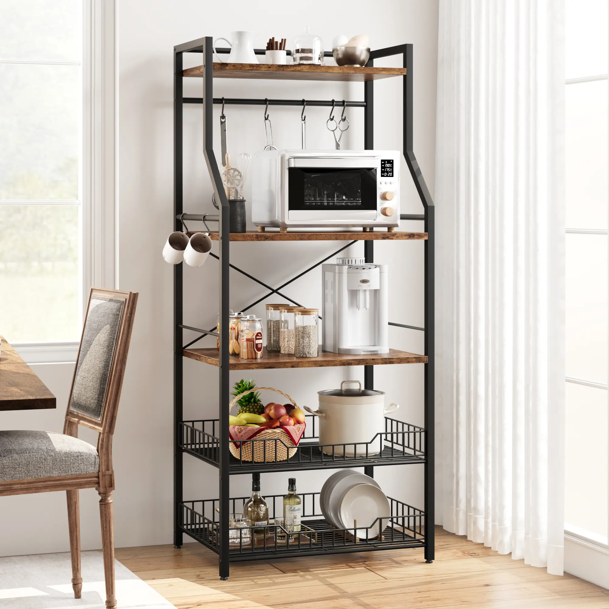 5 Tier Kitchen Bakers Rack with Baskets, Heavy Duty Microwave Stand with 8 S Hooks, Industrial Coffee Bar Station Pantry Shelf Organizer for Small Spaces Apartment Rustic Brown