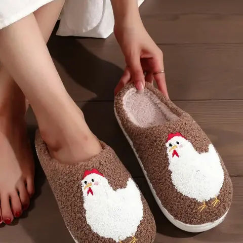 Soft Plush Hen Slippers, Cute Chicken Embroidered Indoor Outdoor Shoes, Warm Non-Slip Fall Winter Gift for Farm Parents, Fuzzy House Slippers