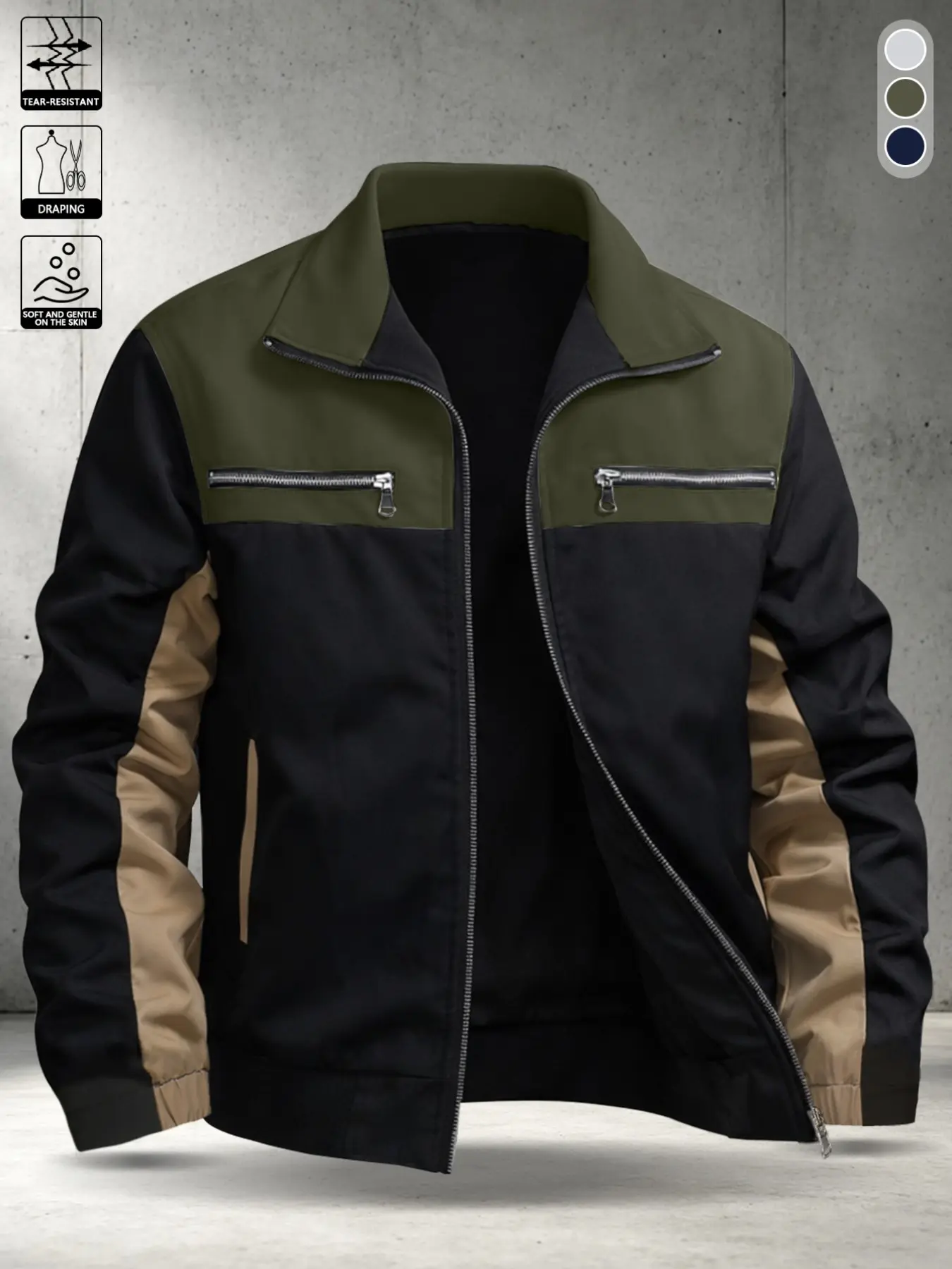 Men's Fall Winter Stand Collar Jacket, Metal Zipper Full Open, Colorblock Patchwork, Casual Straight Fit, Urban Commute Outdoor Wear