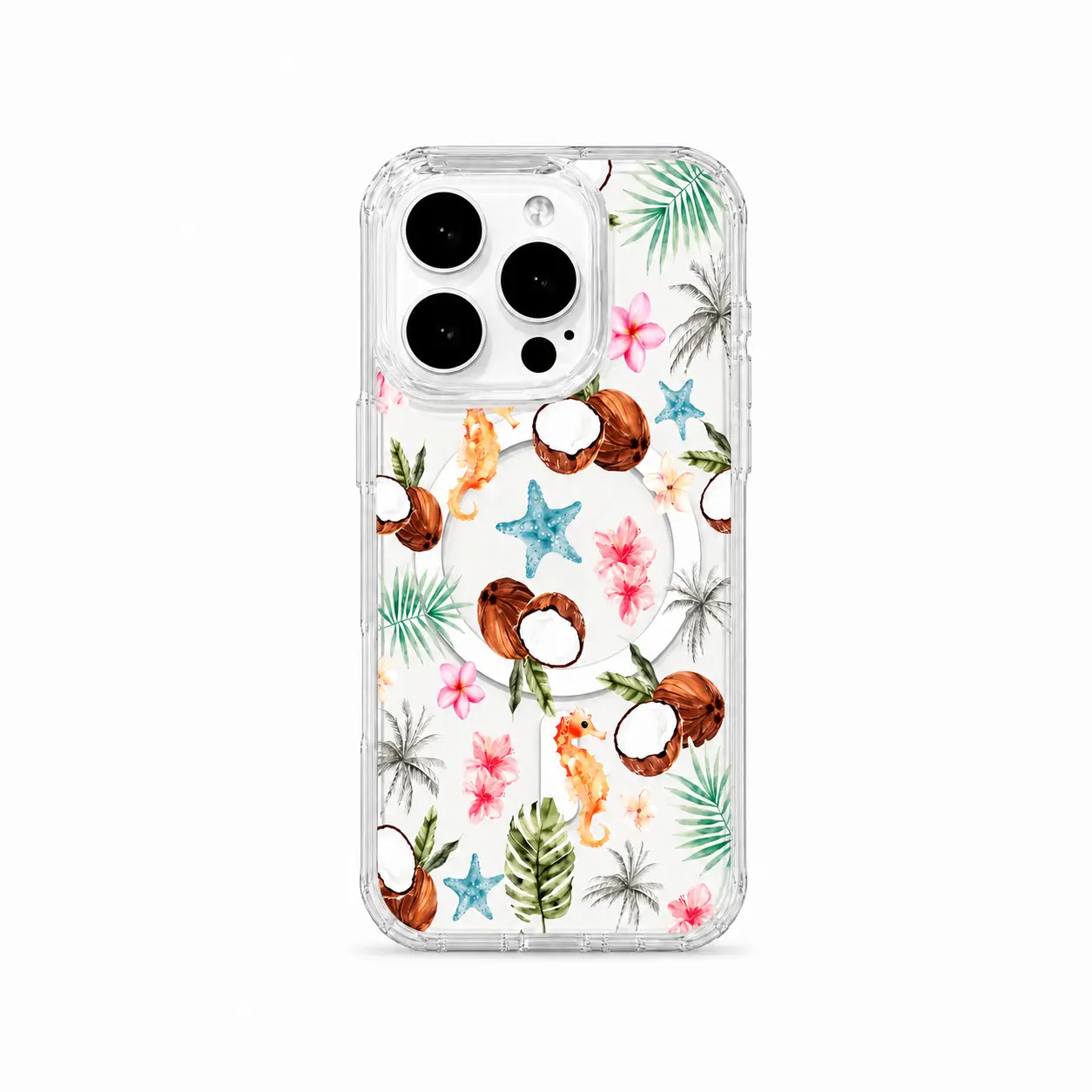 Summer Tropical Hawaiian Beach Clear Shockproof Anti-Slip iPhone Protective Case, Watercolor Coconut Seahorse Starfish Palm Tree Plumeria Floral Transparent Phone Shell Fit iPhone 11-17PROMAX