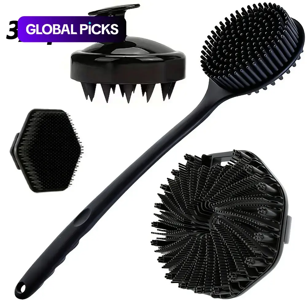 3/4-Piece Silicone Shower Brush Set, Including Scalp Massager, Long-Handled Body Scrub Brush, Facial Cleaner & Exfoliating Pad, Exfoliating & Relaxing, Soft Silicone Bristles, A Must-Have Exfoliating Bath Tool for Men & Women #GLOBAL PICKS