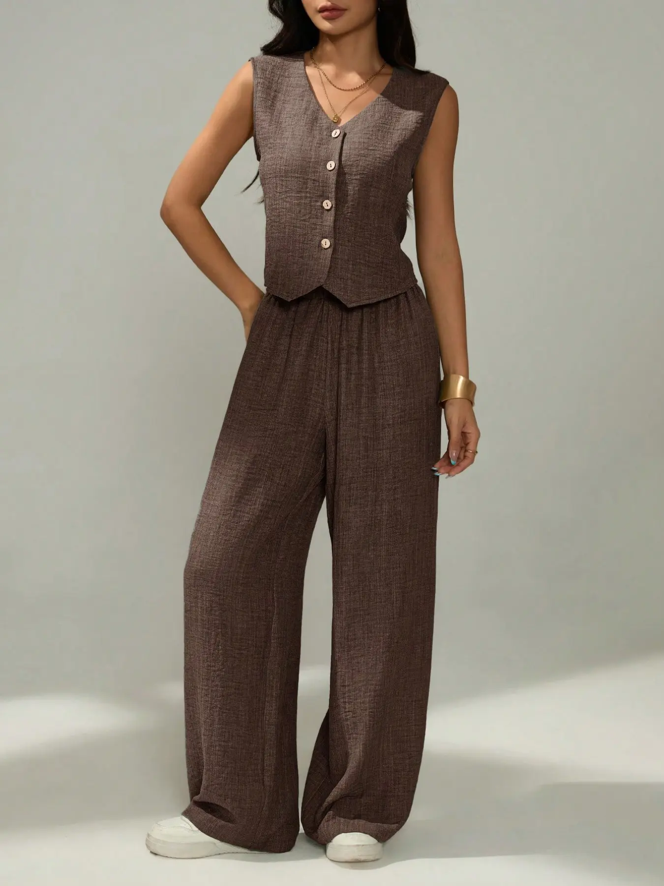 Women's Linen Blend Vest & Wide Leg Pants Set | Sleeveless V-Neck Top & Flowy Palazzo Pants, Casual Summer Vacation Resort Outfit, Summer Wear, Clothes