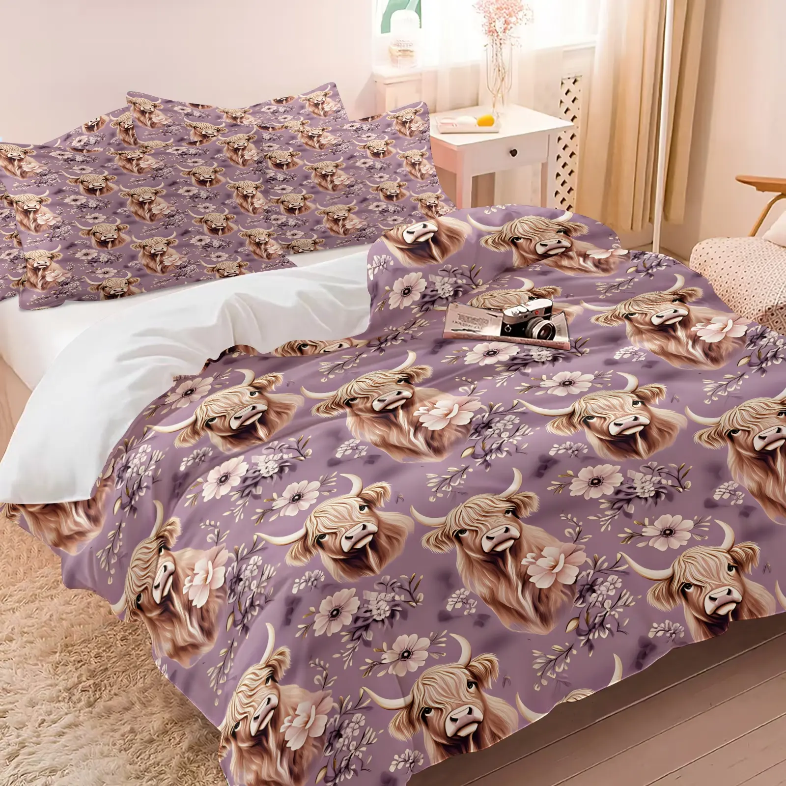 Cute Floral Scottish Highland Cow Print Duvet Cover Set, Includes 1-2 Pillowcases, Lavender Purple Cottagecore Neutral Bedding All Size, Fluffy Scottish Cow Flower Bed Set, Soft Breathable Fabric, Family Bedroom Decor