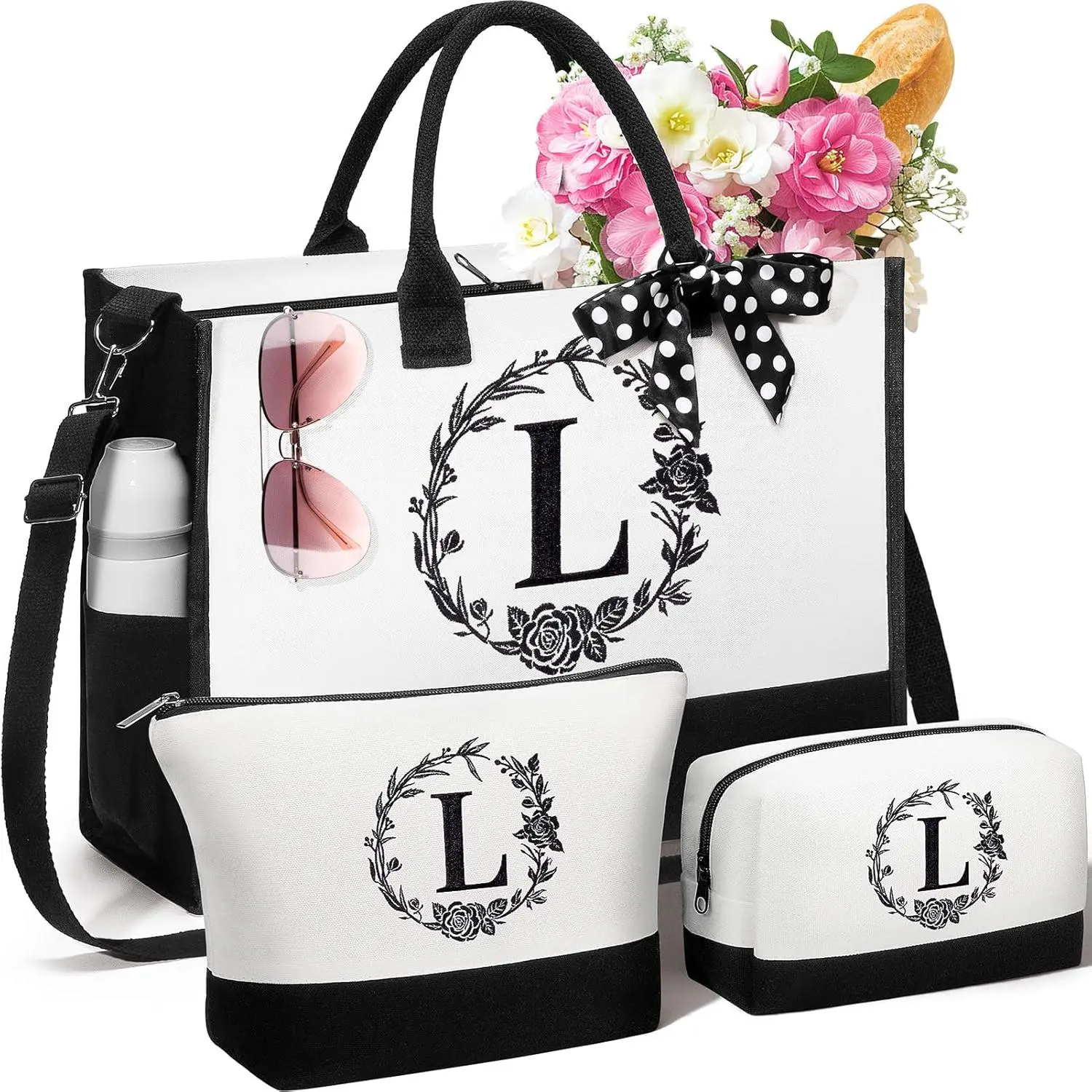 Personalized Birthday Gifts for Women, Initial Canvas Tote Bag for Women | Monogrammed Beach Tote Bag for Women w/Zipper, Christmas Women Gifts for Mom Her Wife Sister  Coworker Daughter Teacher