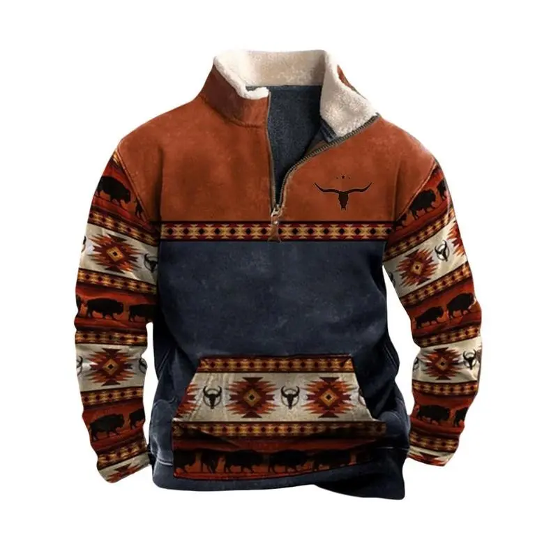 Vintage Brown Aztec 1/4 Zip Stand Collar Long Sleeve Pullover Sweatshirt with Pocket Large Casual Fleece Athletic Cotton Jacket Menswear