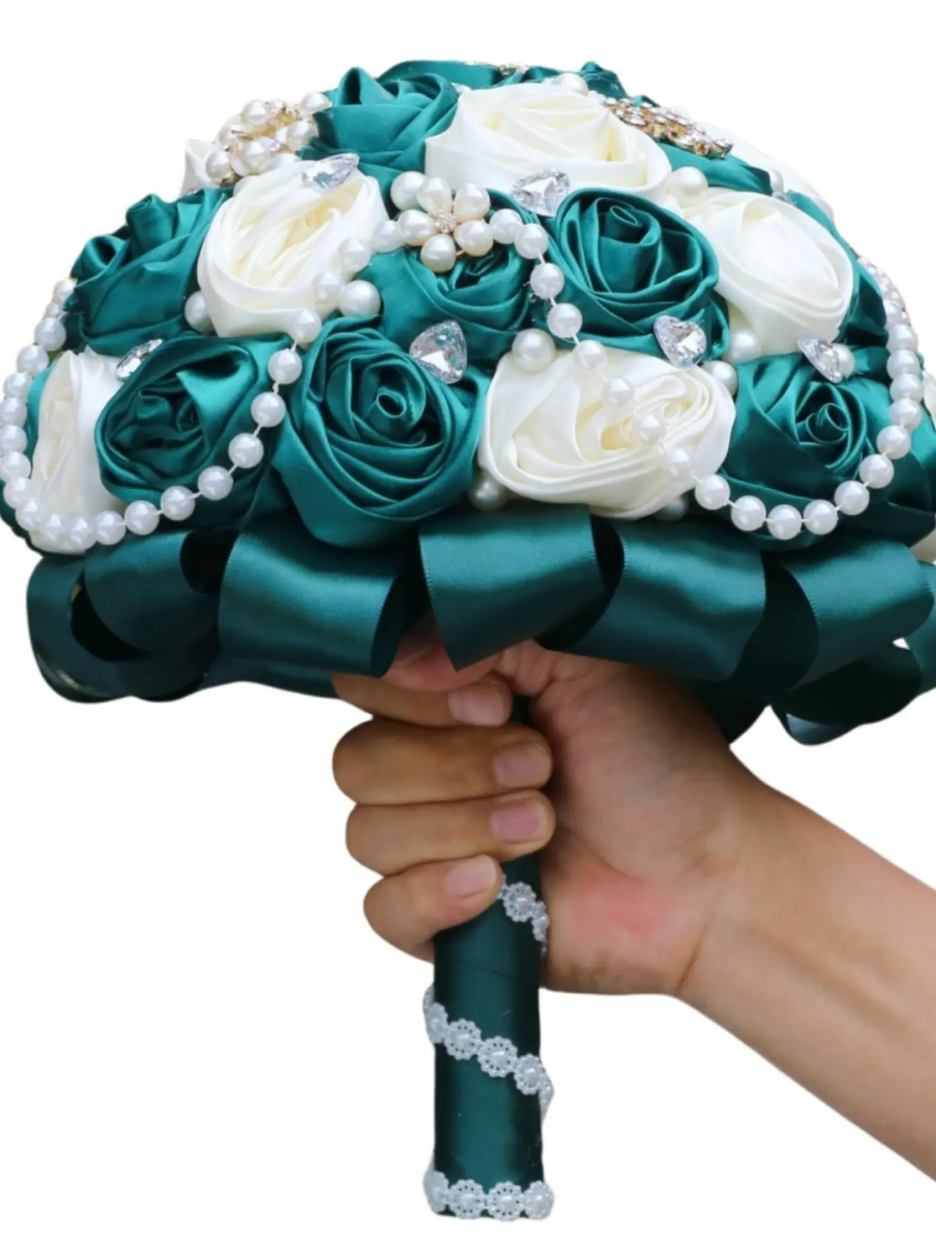 Handmade Ribbon Rose Bouquet, Bride Bridesmaid Wedding Flower Bouquet, Rhinestone Alloy Decor, Valentine's Day Proposal Gift, Sweet 15 Quinceanera Bouquet Flowers