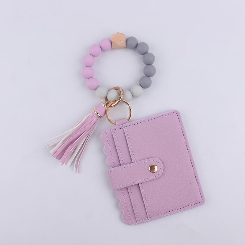 Silicone bead bracelet card holder accessories, silicone bead wristband, PU tassel women's wallet, leather tassel keychain