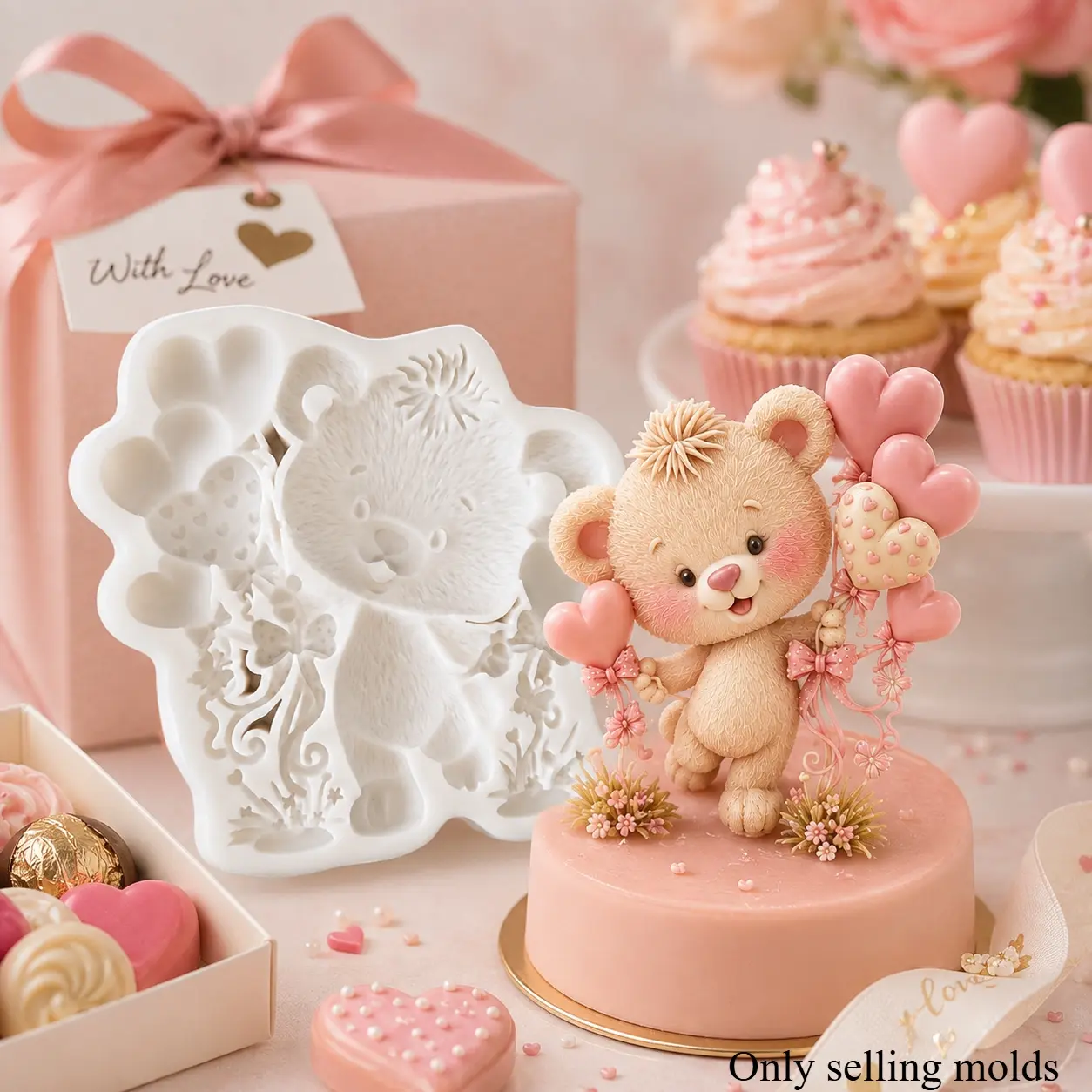 Teddy Bear Heart Balloon Silicone Chocolate Mold, Cute 3D Candy Mold for Valentine’s Day, Birthday Cake Toppers, Chocolate & Dessert Decoration