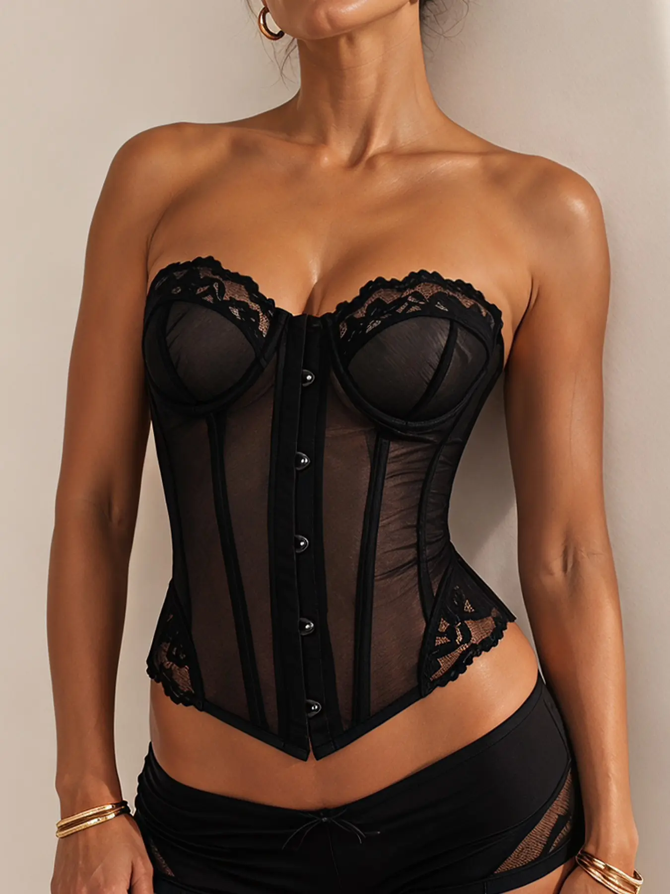 Sexy Black Mesh Lace Strapless Boned Structure Corset Bustier Top for Women Front Closure Push Up Waist Cincher Shapewear for Party Club Date Festival Streetwear Underwear