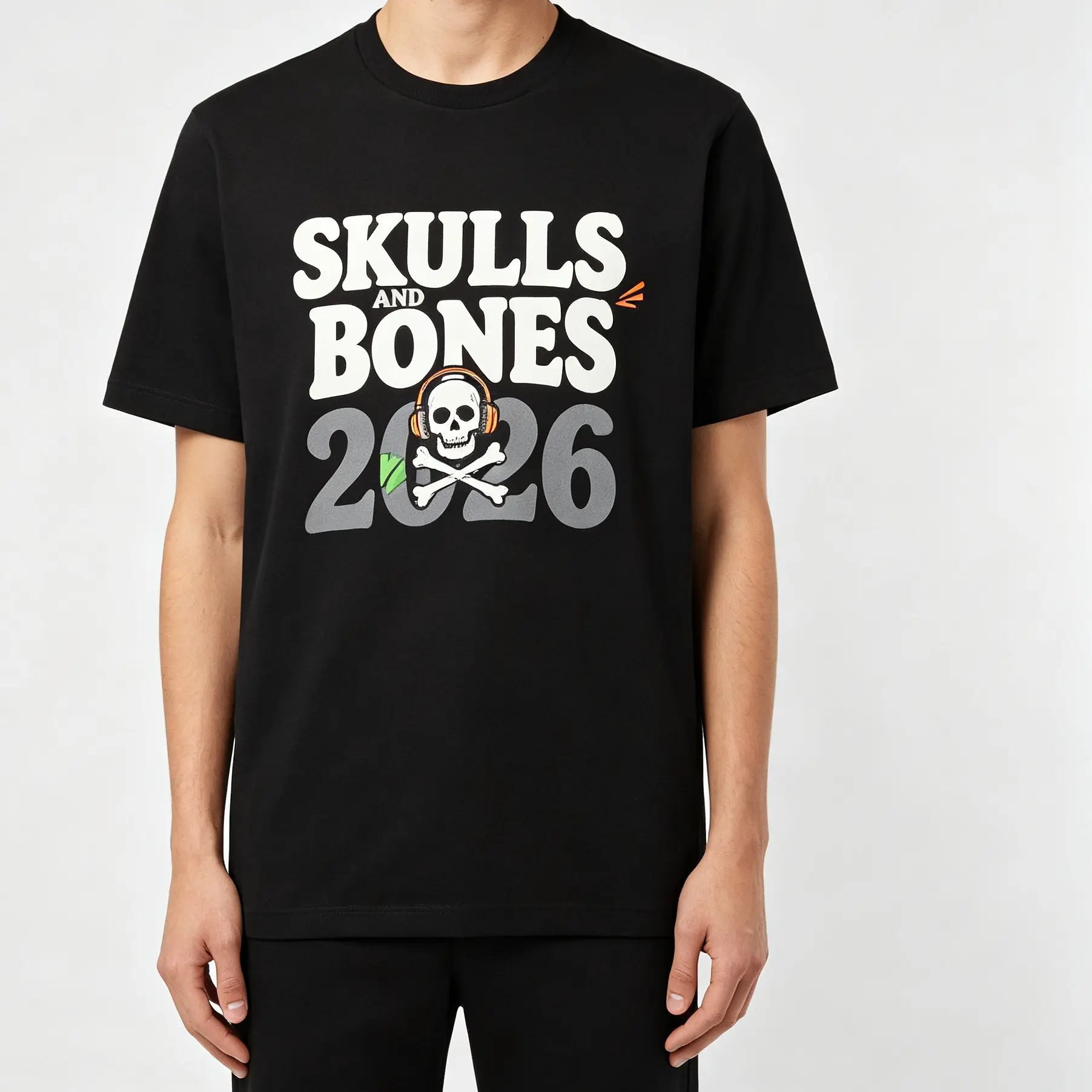 Skulls And Bones 2026 Cool Skull Wearing Headphones With Crossbones Graphic Print Oversized Crew-Neck Black T-Shirt Unisex Retro Rock Punk Halloween Casual Streetwear Baggy Short Sleeve Top