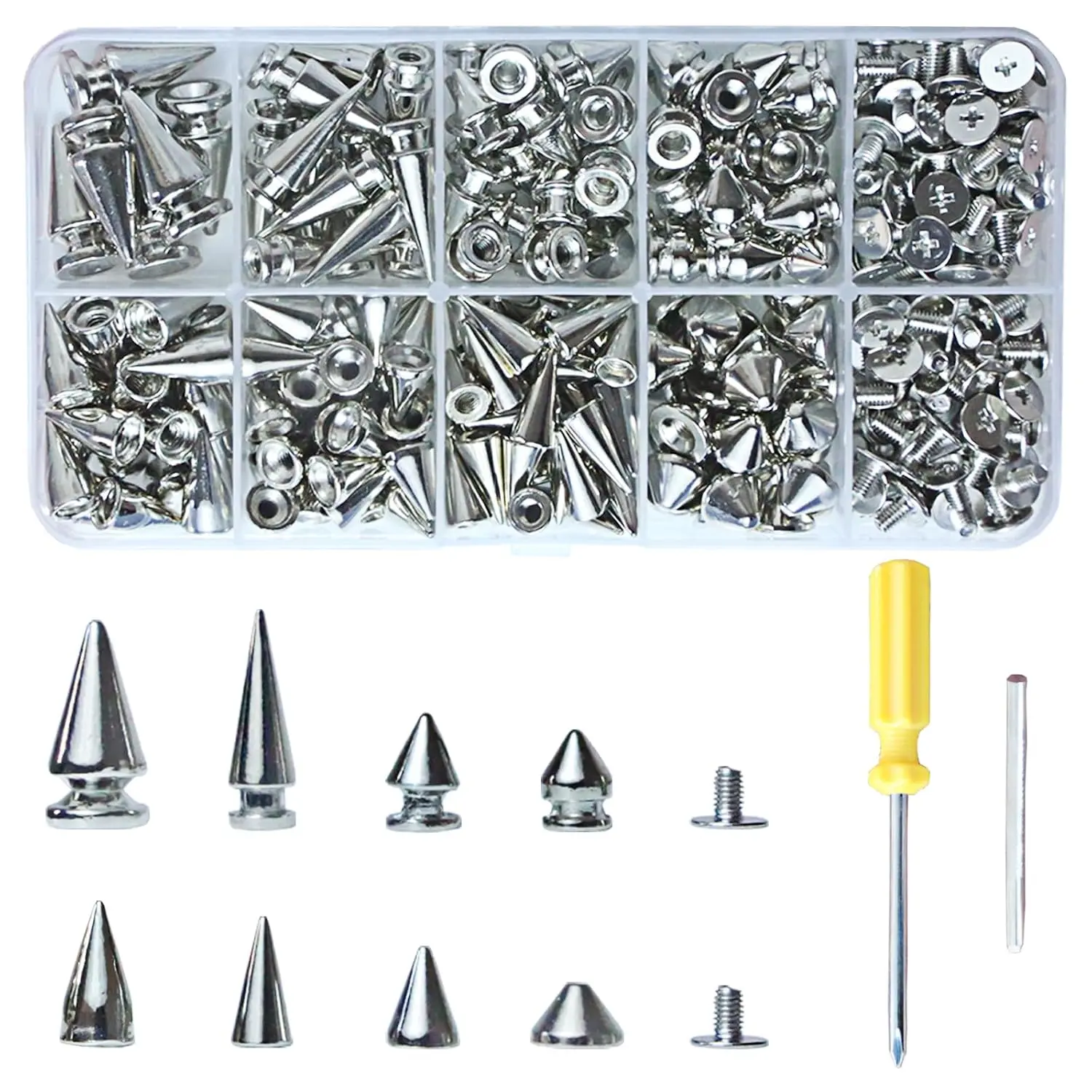 354 count Goth Punk Spikes and Studs Kit for Clothing and Accessories | Metal Cone Spikes Studs Rivets for Leathercraft Punk Gothic Accessories DIY Kit for Fabric Clothes Crafts Shoes