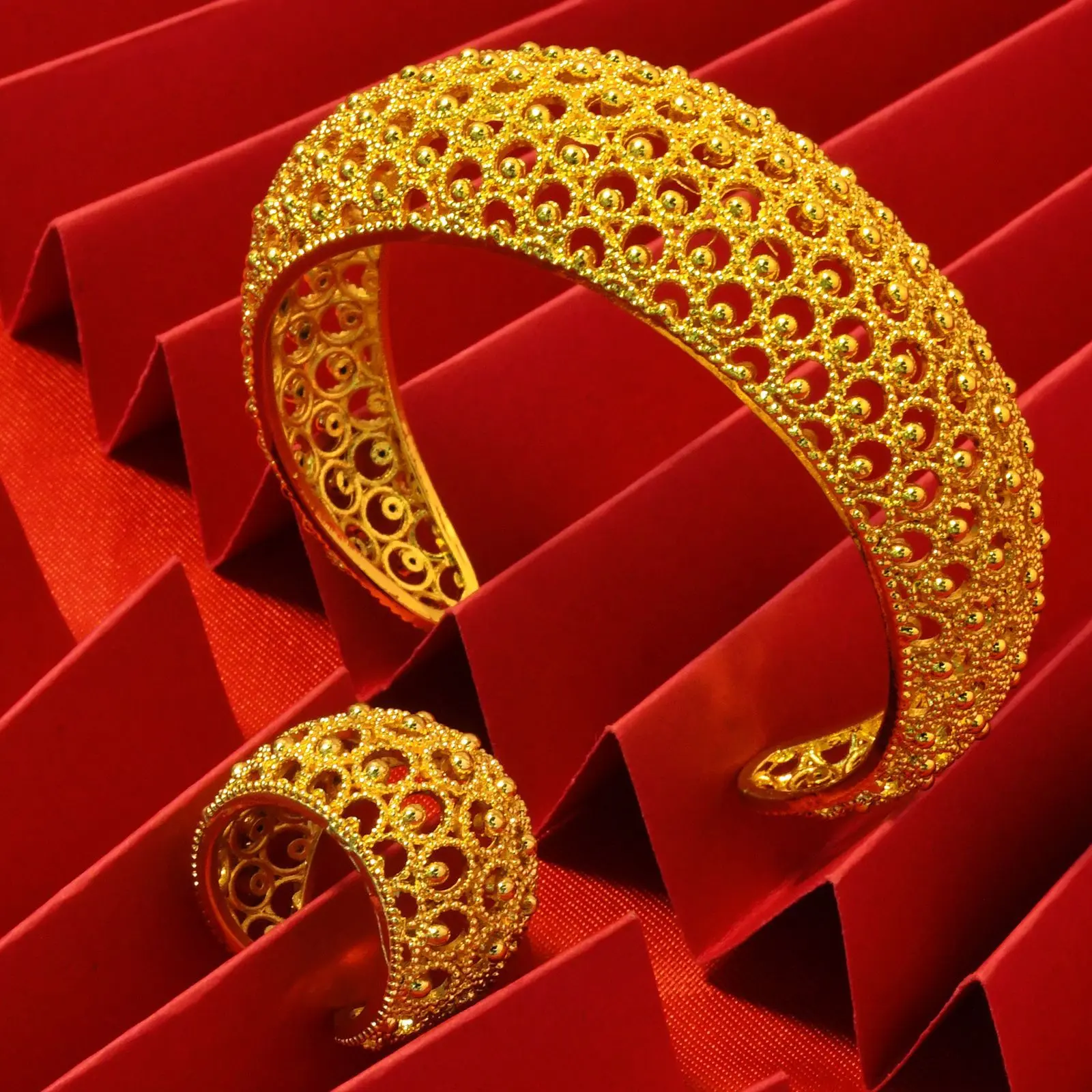 Vintage Gold Filigree Bangle Ring Set Open Cuff Luxury Jewelry For Wedding Party