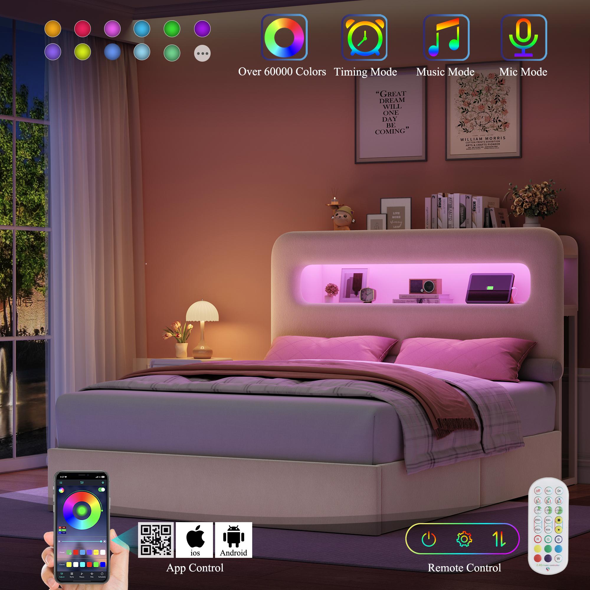 HOSTACK LED Bed Frame with Storage Headboard & Charging Station Modern Platform Bed with USB Ports Velvet Upholstered Twin/Full/Queen Sizes No Box Spring Needed Easy Assembly Bedroom Bedframe, No mattress