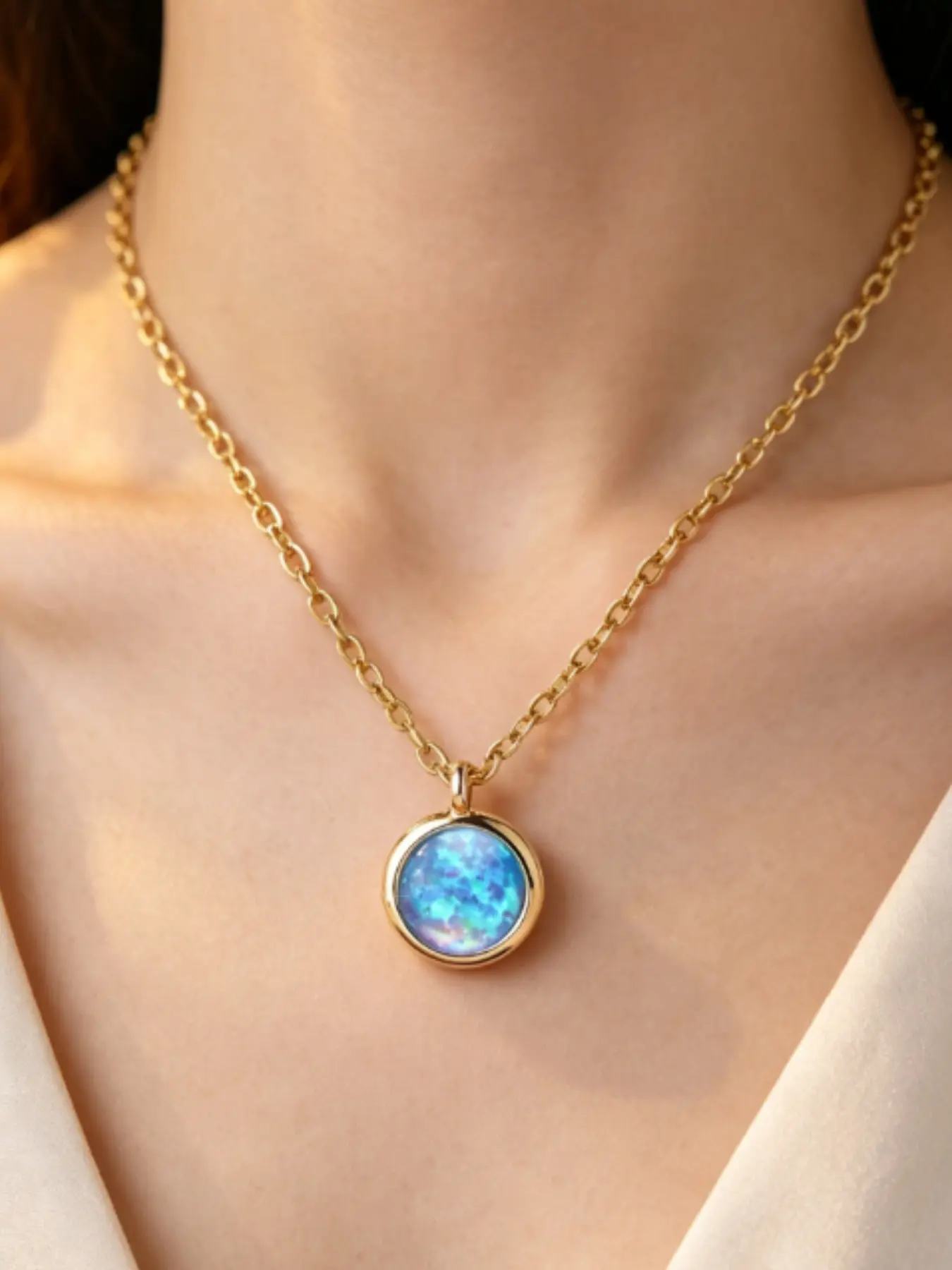 Micro Wormhole Round Artificial Opal Necklace, Circle Chain, Cosmic Sci-Fi Style, Unisex, Perfect for Birthstone Gifts, Physics Graduation, Spacex Fans