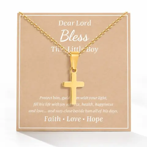 Kids' Minimalist Gold-Silver Cross Costume Necklace - Faith Pendant (approx. 9mm x 14mm), School Accessory, Baptism/First Communion Gift for Boys, God Bless This Boy To My Son Fashion Jewelry