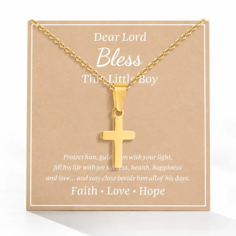Kids' Minimalist Gold-Silver Cross Costume Necklace - Faith Pendant (approx. 9mm x 14mm), School Accessory, Baptism/First Communion Gift for Boys, God Bless This Boy To My Son Fashion Jewelry