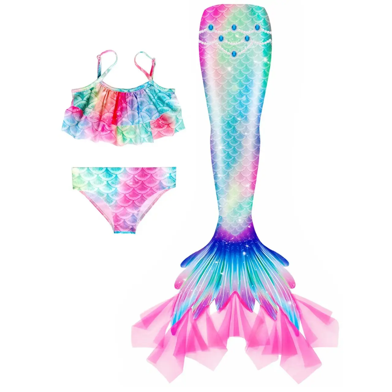 Girls Mermaid Tail Swimsuit Children Beach Party Birthday Gift, Single Tail Only, No Fins, Open Bottom for Fin Storage, Mermaid Tail Design