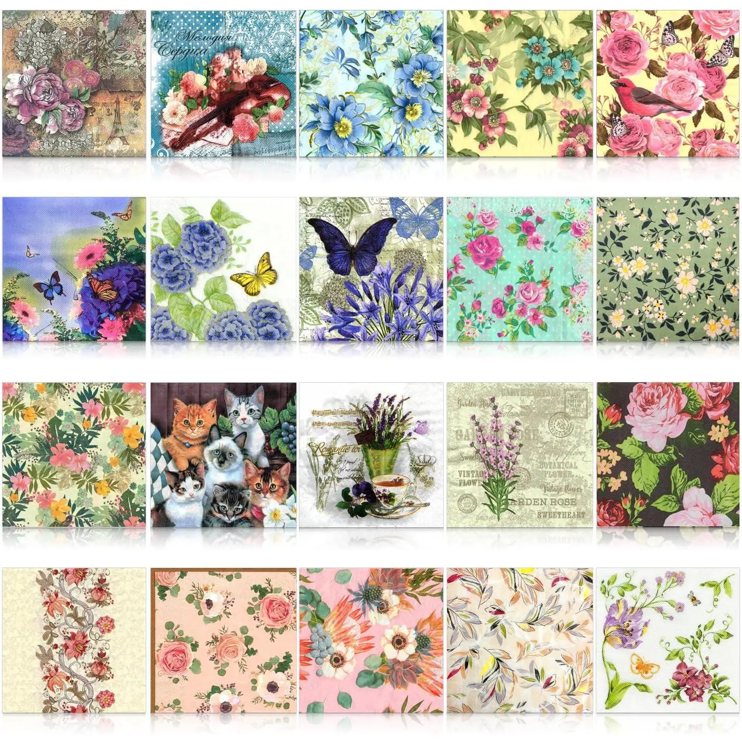 6.5x6.5" Vintage Floral Decorative Decoupage Paper Napkins Assortment Pack - 20-Pc, 20 Styles for DIY Crafts, Card Making, Wall Decor, Junk Journal, Vintage Home Decor (02), 02-Vintage