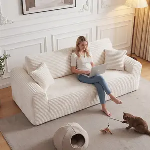ARCH 3 Seater Corduroy Cloud Couch for Living Room, 86.6" Deep Seat Floor Sofa with 2 Pillows, No Assembly Upholstered Sofa in a Box, White Foam+Spring Couch for Apartment Bedroom Office, White Color Options, Foam+Spring Material, 3 Seat Seat Count