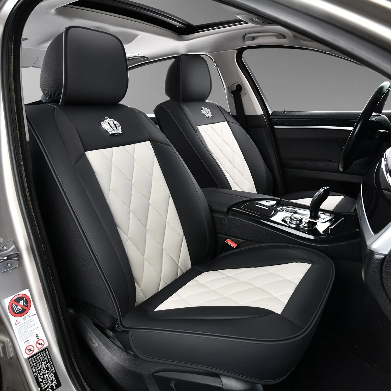 Full Coverage Universal Car Seat Covers, Queen Sparkling Rhinestone Crown Decor, Luxury Car Interior, Front and Back Seats, Car Seat Protectors