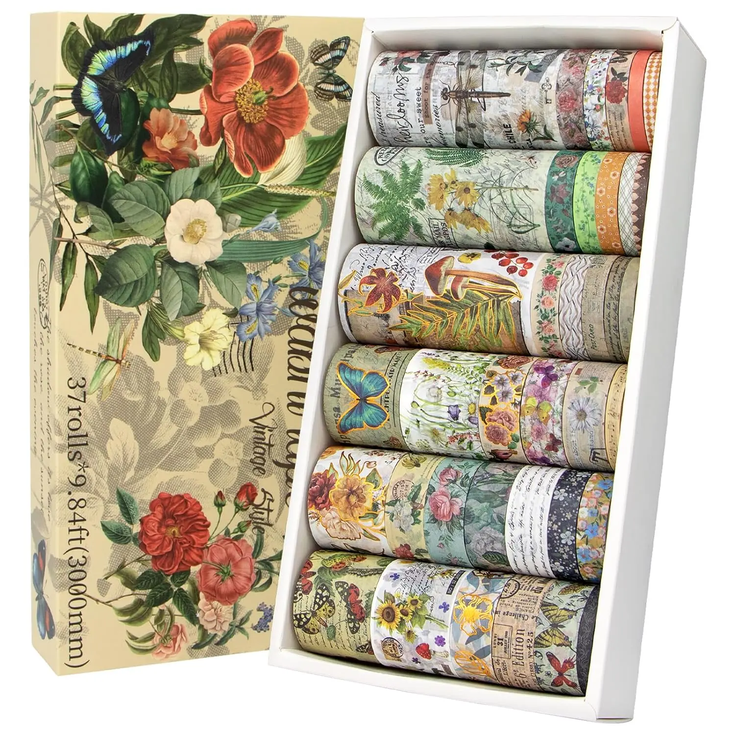 37 Rolls  Washi Tape Set - Decorative Tape Floral Butterfly Mushroom Botanical,Adhesive Tape for Journaling Supplies,Scrapbooking,Junk Journal Supplies5/8/10/15/30/75mm Wide9.84ft Long/Roll