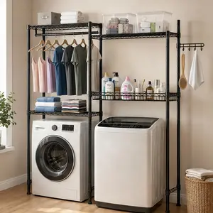 ARCH Hangable Over Washer Dryer Shelves, 4-Tier Heavy-Duty Carbon Steel Laundry Room Organizer, Adjustable Shelves with Wire Baskets, Rotating Side Hooks, Space-Saving Metal Drying Rack for Laundry Room, Black