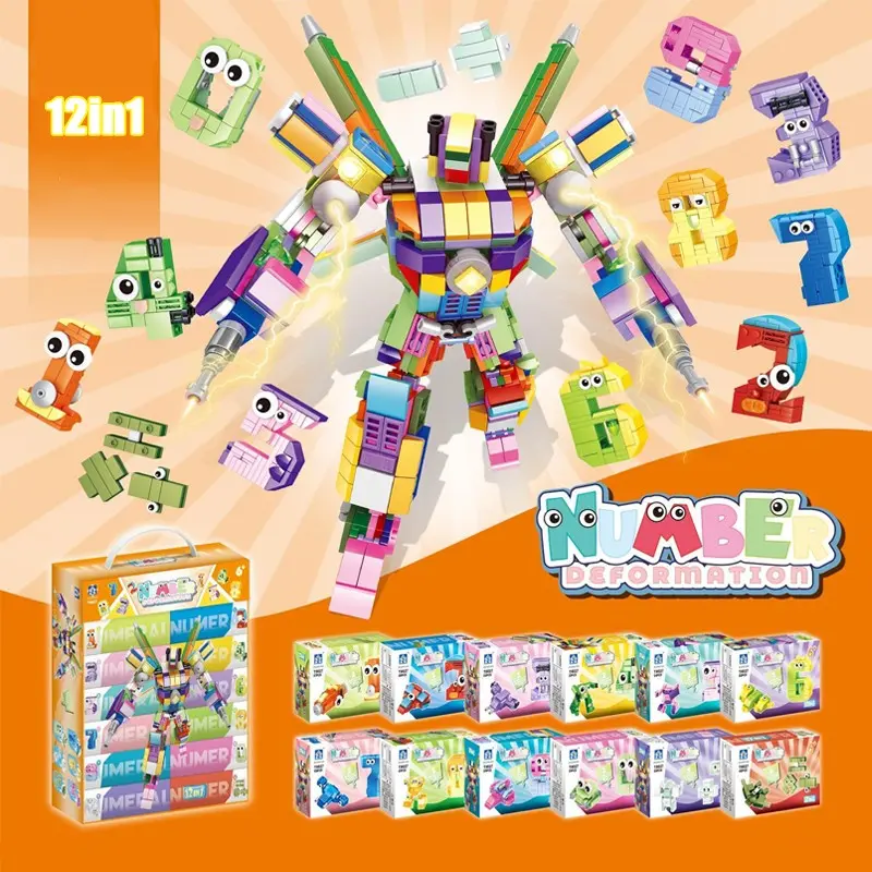 12-In-1 Deformable Number Robot Building Blocks Kit, Cartoon 0-9 Digital Bricks, Stem Educational Math Learning Toy, Giant Mecha Robot Assembly, Building Set