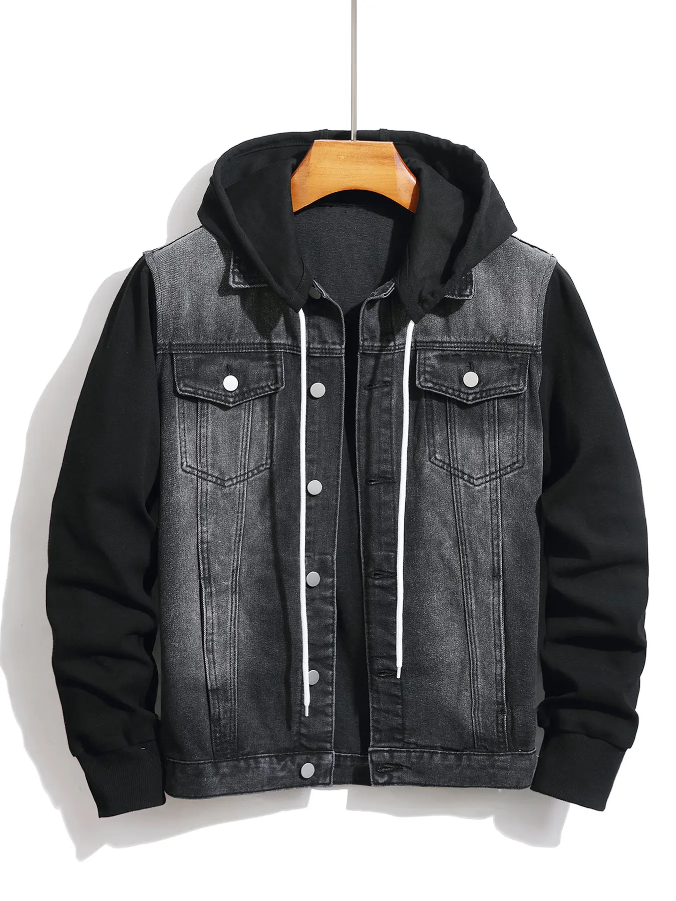 Men's Patchwork Hooded Jean Jacket, Streetwear Regular Fit, Knit Sleeve Contrast Denim Coat, Soft Comfortable Outerwear, Trendy Bestseller