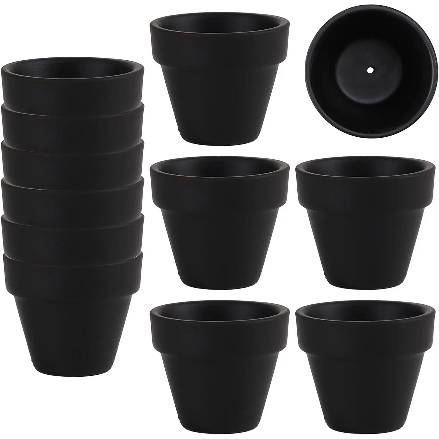 Black Terracotta Clay Mini Flower Pots Set with Drain Holes - 2-Piece Home & Garden Decor Containers for Cactus, Lithop - Gift Idea (FC-48-12-B)