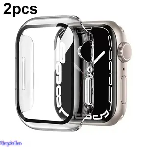 2 Pack Transparent Pc Spray Coated Integrated Watch Case With Tempered Glass Screen Cover, Shock Absorbent Full Wrap Protective Shell, Anti Collision Lightweight Wrist Accessory, For Daily Errands, Casual Outings And Everyday Outdoor Wear