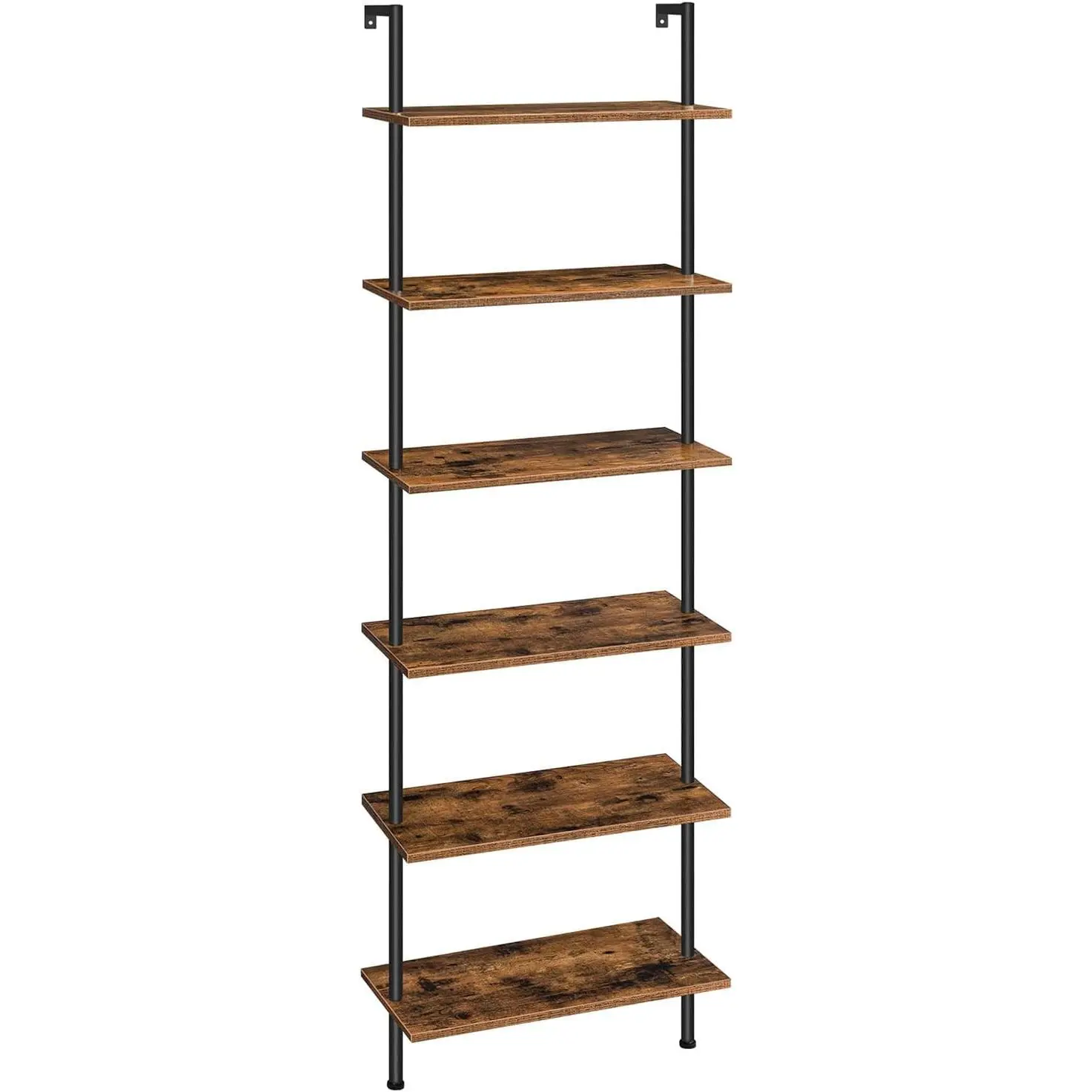 DIY Ladder Shelf, 6-Tier Wall Mounted Bookshelf, Office Vertical Bookcase, Wooden Storage Shelves for  Office, Bedroom, Rustic Brown and Black BF65CJ01