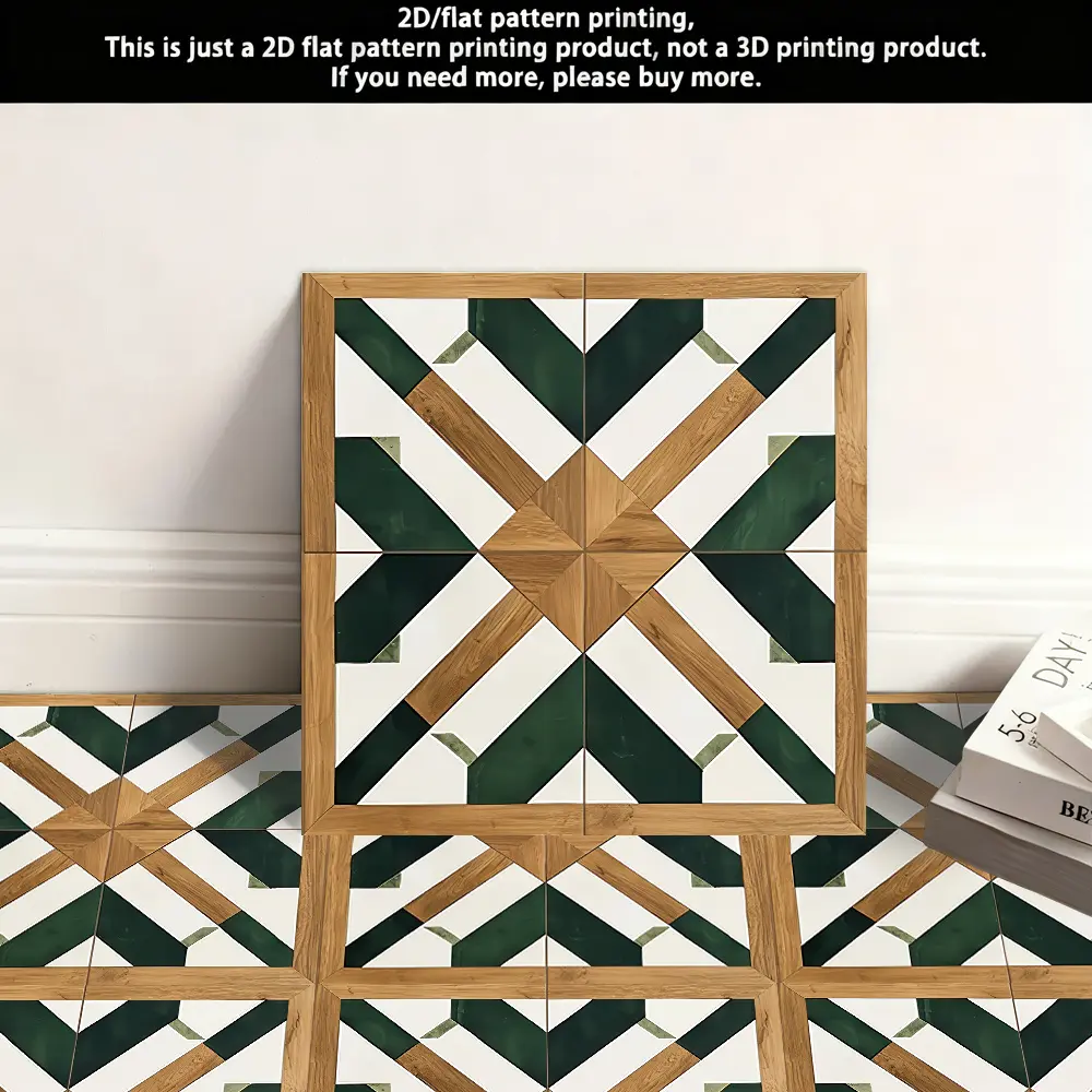 Green 10-Pack 2D Flat PVC Self-Adhesive Vinyl Floor Tiles, 11.81x11.81 Inches, Geometric Parquet Wood Grain, Wear-Resistant, Waterproof, Non-Slip Floor Decoration Stickers for Living Room, Bedroom, Kitchen, Bathroom, Balcony, Ideal for Holiday